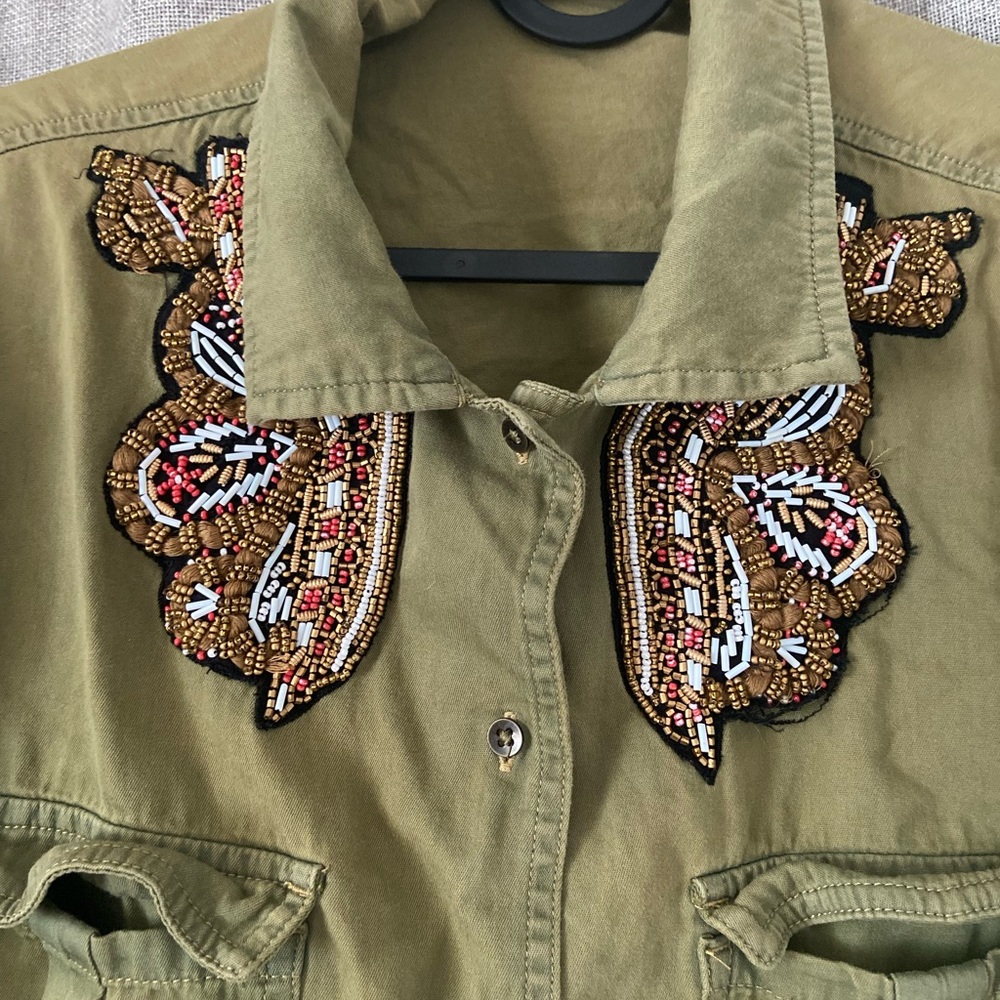 Zara army green shirt with embroidered detail